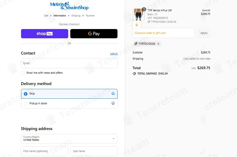 Metro Swim Shop coupon code: 35% off with TYRTECH2024. Tested and valid as 8 months ago.