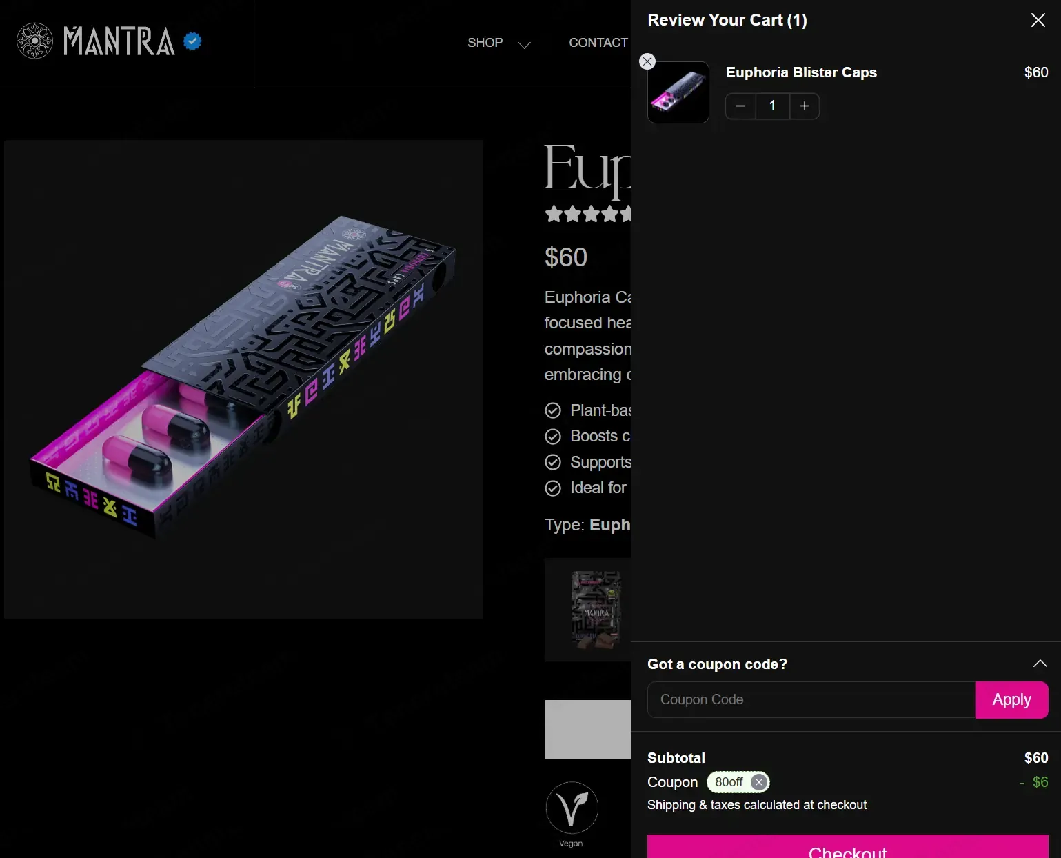 Mantra Dose coupon code: 10% off with 80off. Tested and valid as 6 months ago.