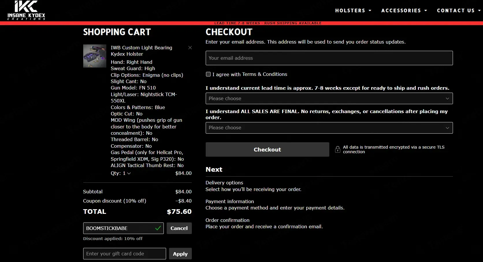 Insane Kydex Creations coupon code: 10% off with BOOMSTICKBABE. Tested and valid as 8 months ago.