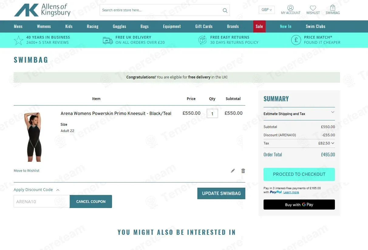 Allensswimwear UK coupon code: 10% off with ARENA10. Tested and valid as 8 months ago.