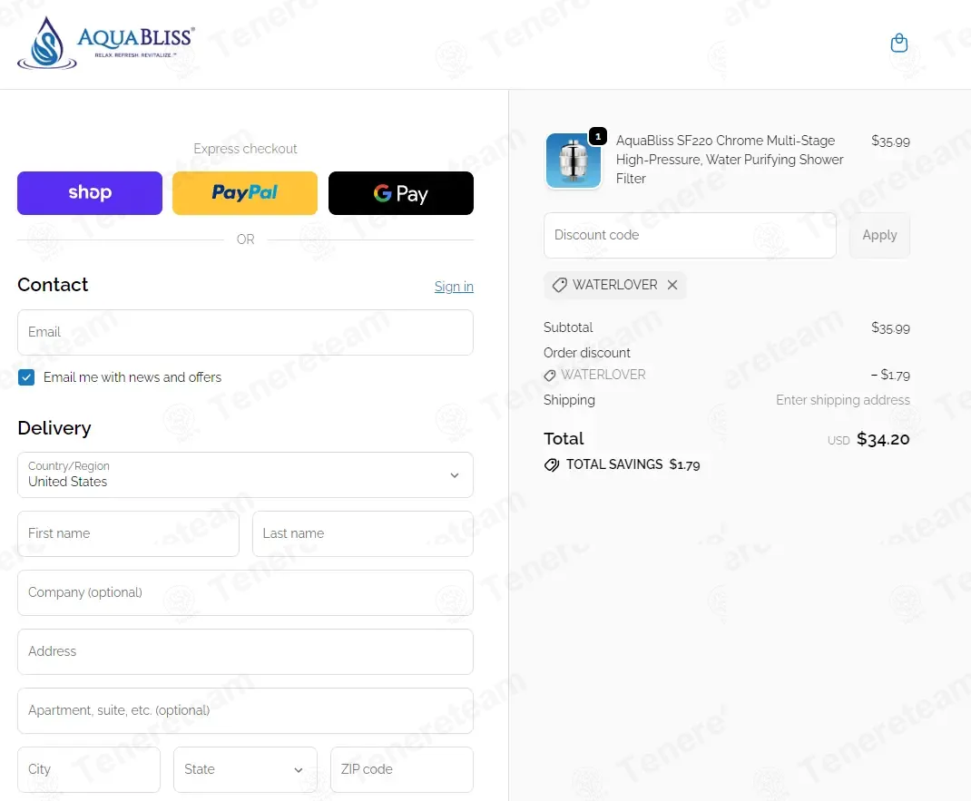 AquaBliss coupon code: 5% off with WATERLOVER. Tested and valid as 2 months ago.