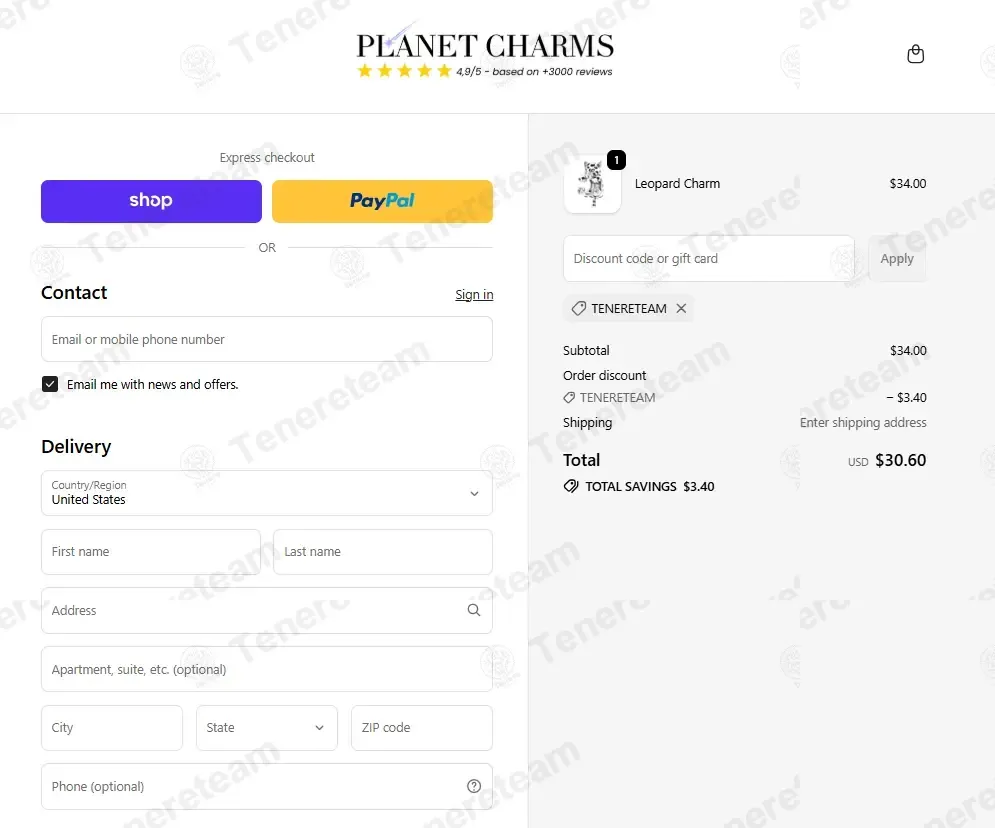 Planet Charms coupon code: 10% off with TENERETEAM. Tested and valid as 3 months ago.