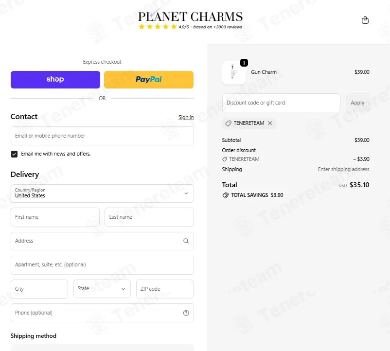 Planet Charms coupon code: 10% off with TENERETEAM. Tested and valid as 3 months ago.