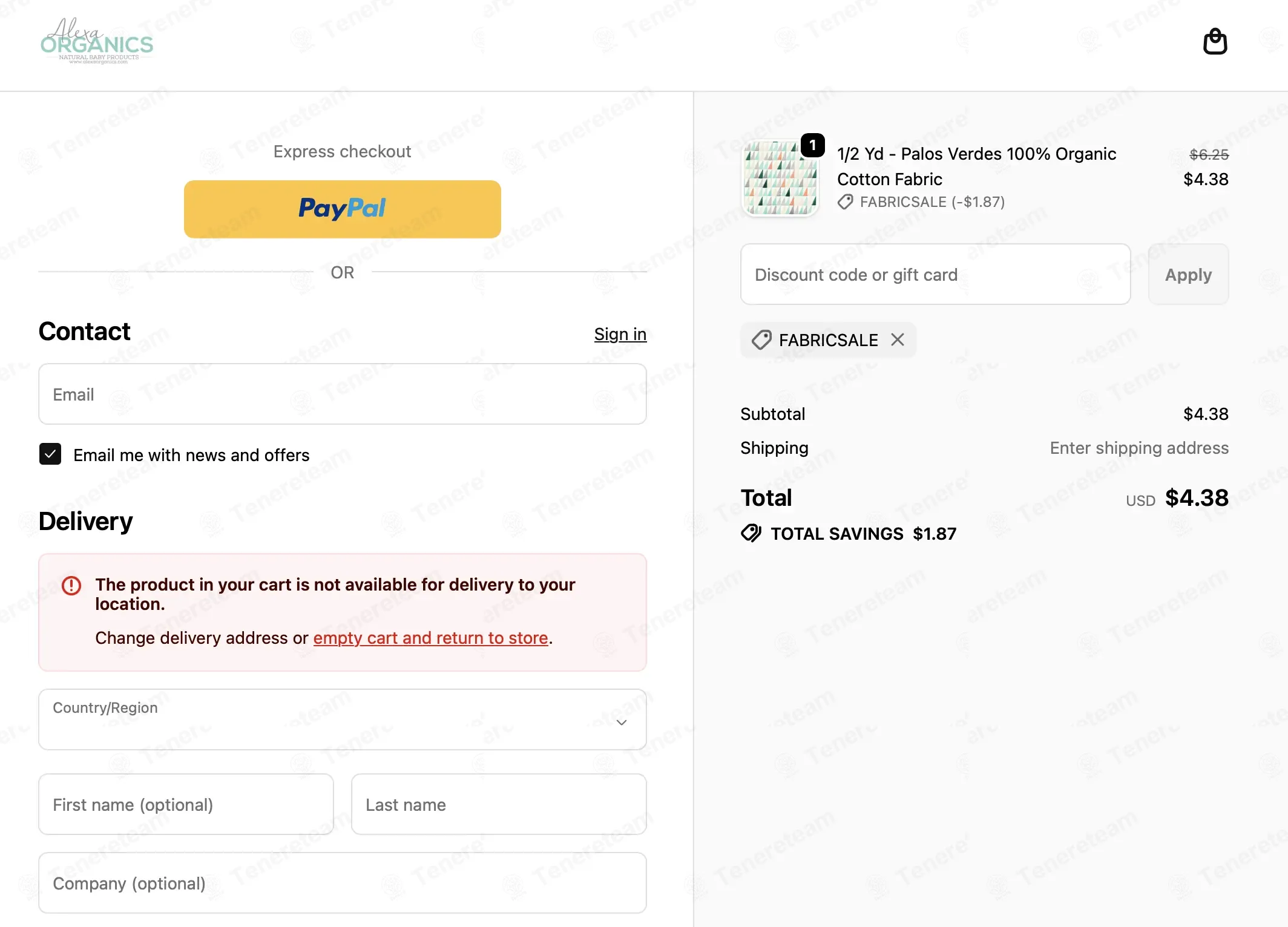 Alexa Organics coupon code: 30% off with FABRICSALE. Tested and valid as 2 months ago.