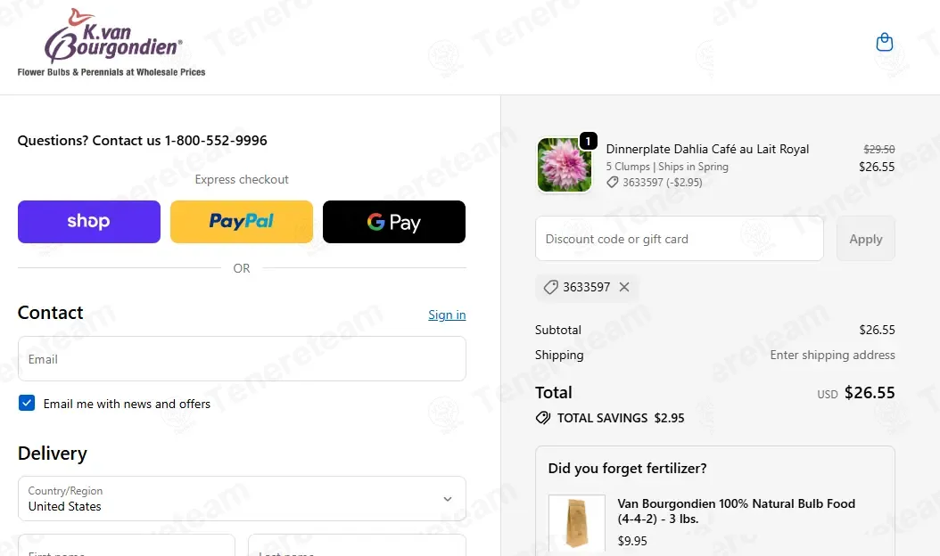 Van Bourgondien Dutch Bulbs coupon code: 10% off with 3633597. Tested and valid as 9 months ago.