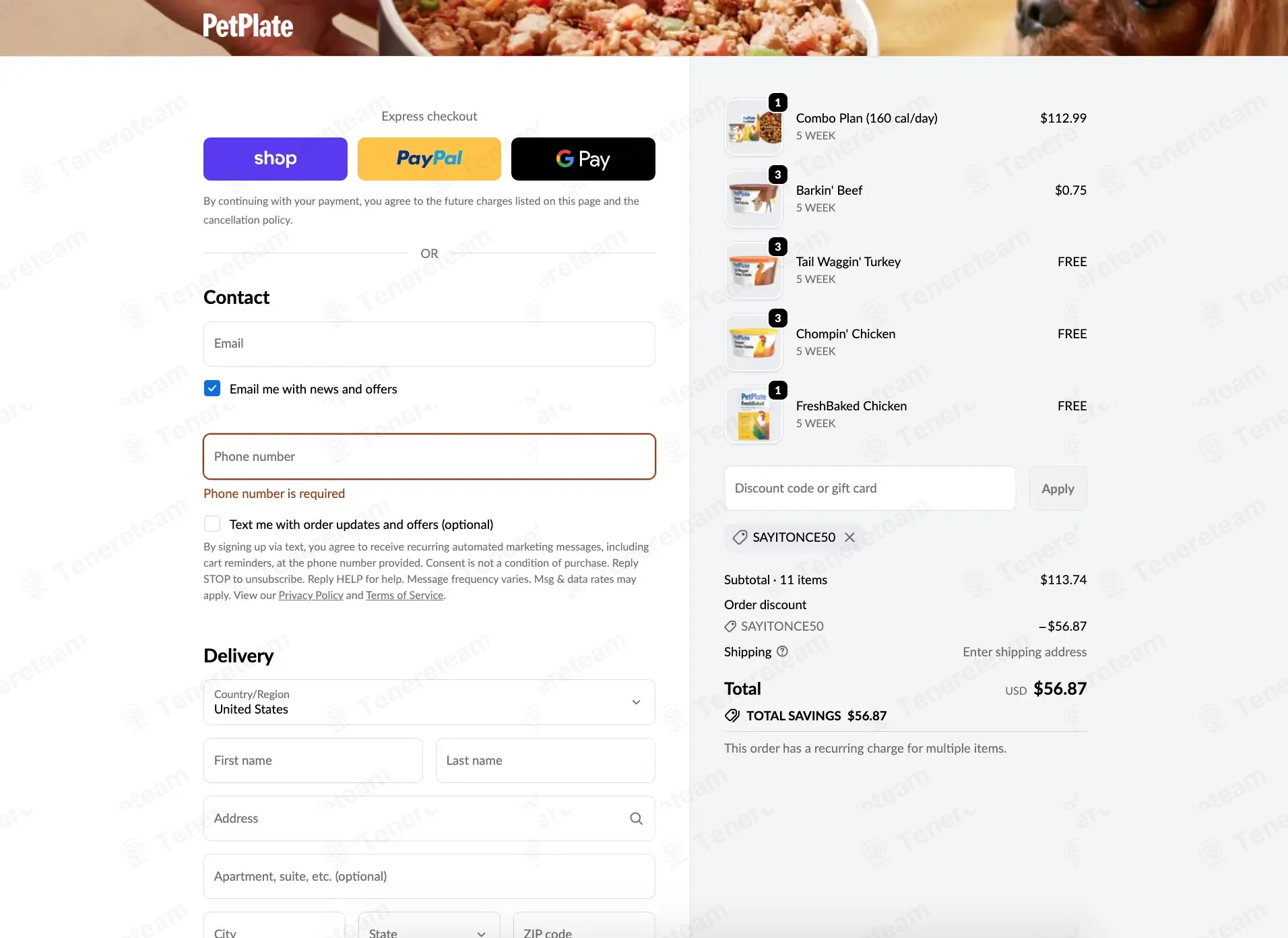 PetPlate coupon code: 50% off with SAYITONCE50. Tested and valid as 2 months ago.