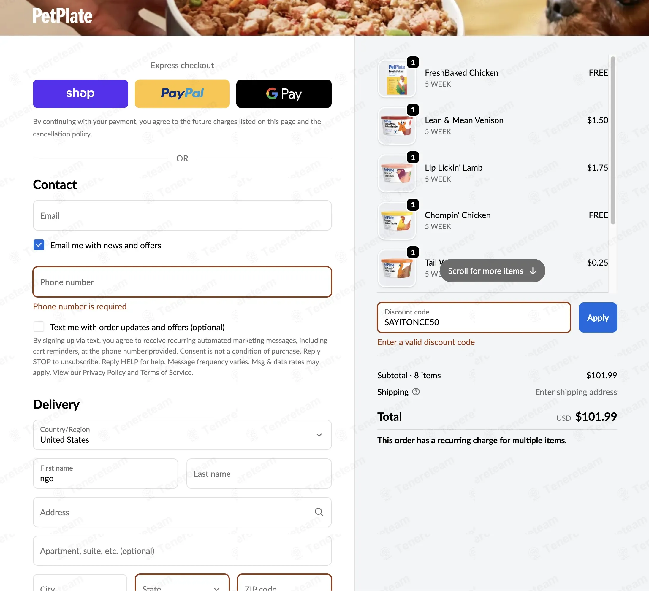 PetPlate coupon code: 50% off with SAYITONCE50. Tested and valid as 2 months ago.