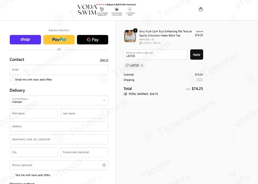 Voda Swim coupon code: 25% off with LAST25. Tested and valid as 1 month ago.