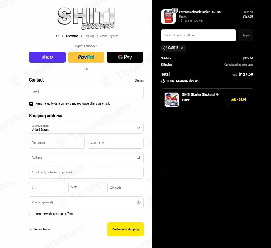 Shiti Coolers coupon code: 15% off with CART15. Tested and valid as 3 months ago.