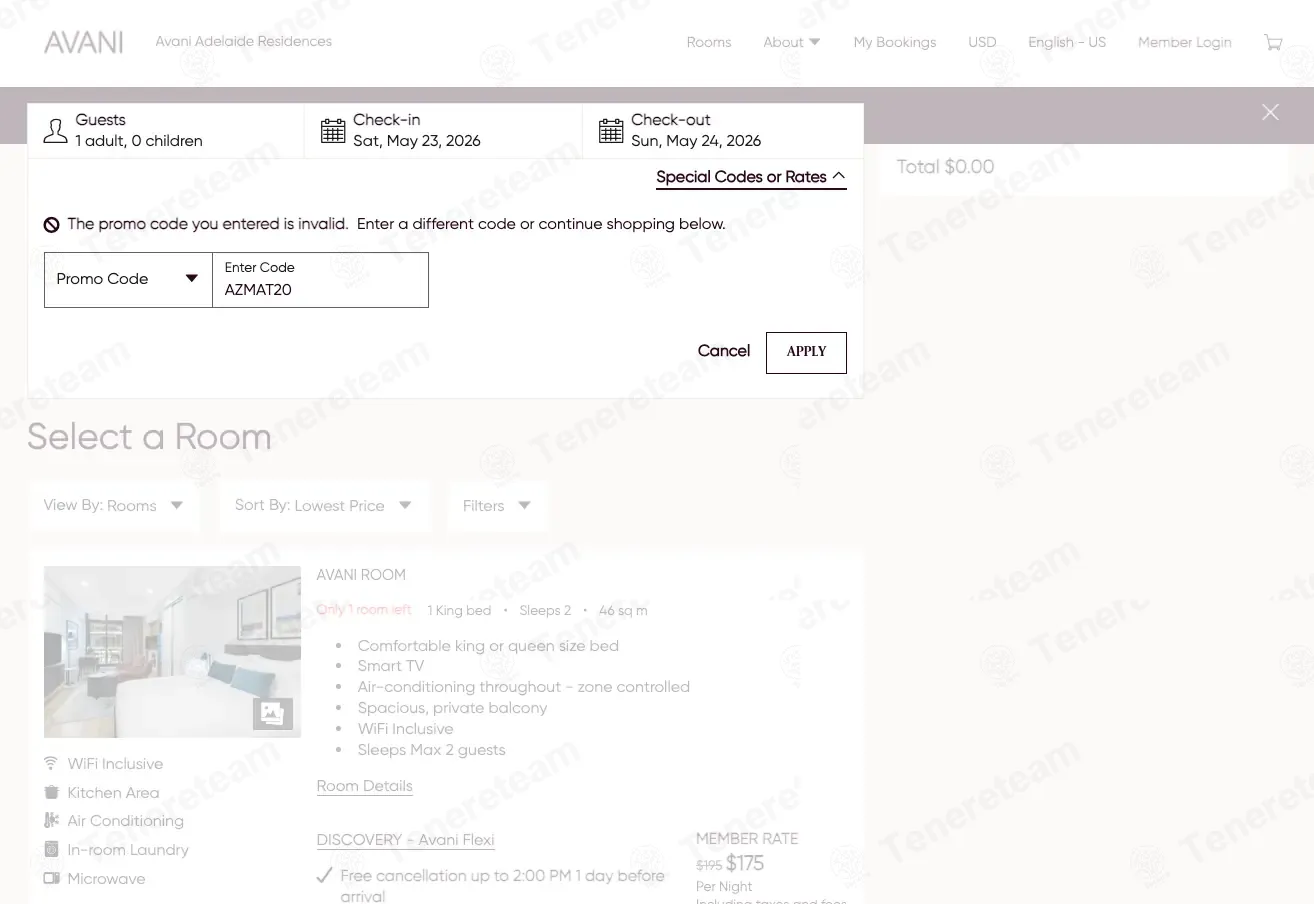 Avani Hotels coupon code: 20% off with AZMAT20. Tested and valid as 1 month ago.