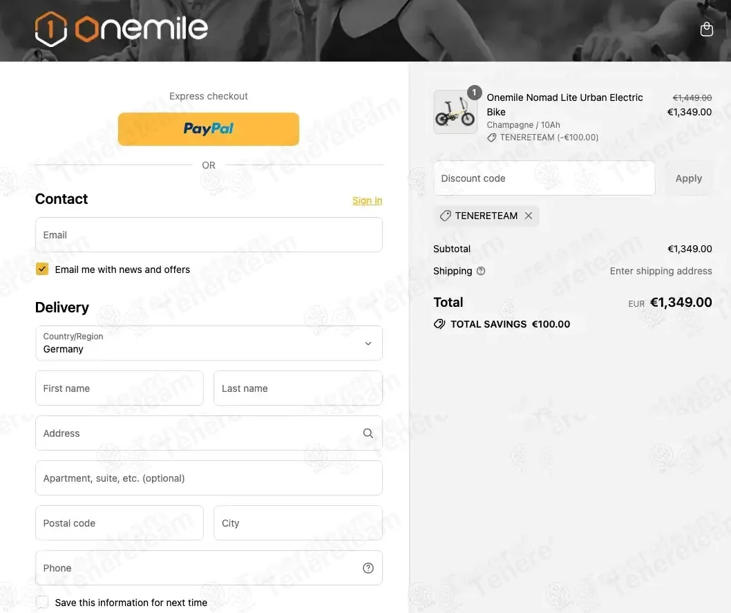 Onemilebike coupon code: €100 off with TENERETEAM. Tested and valid as 2 months ago.
