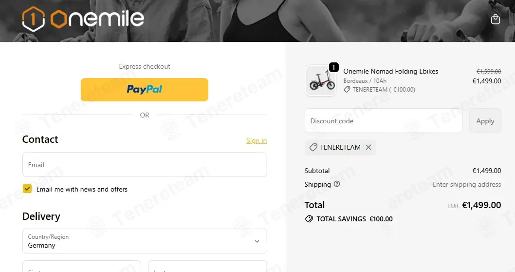 Onemilebike coupon code: €100 off with TENERETEAM. Tested and valid as 2 months ago.