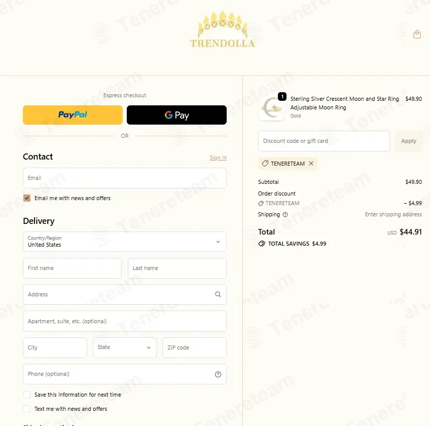 Trendolla Jewelry coupon code: 10% off with TENERETEAM. Tested and valid as 1 month ago.