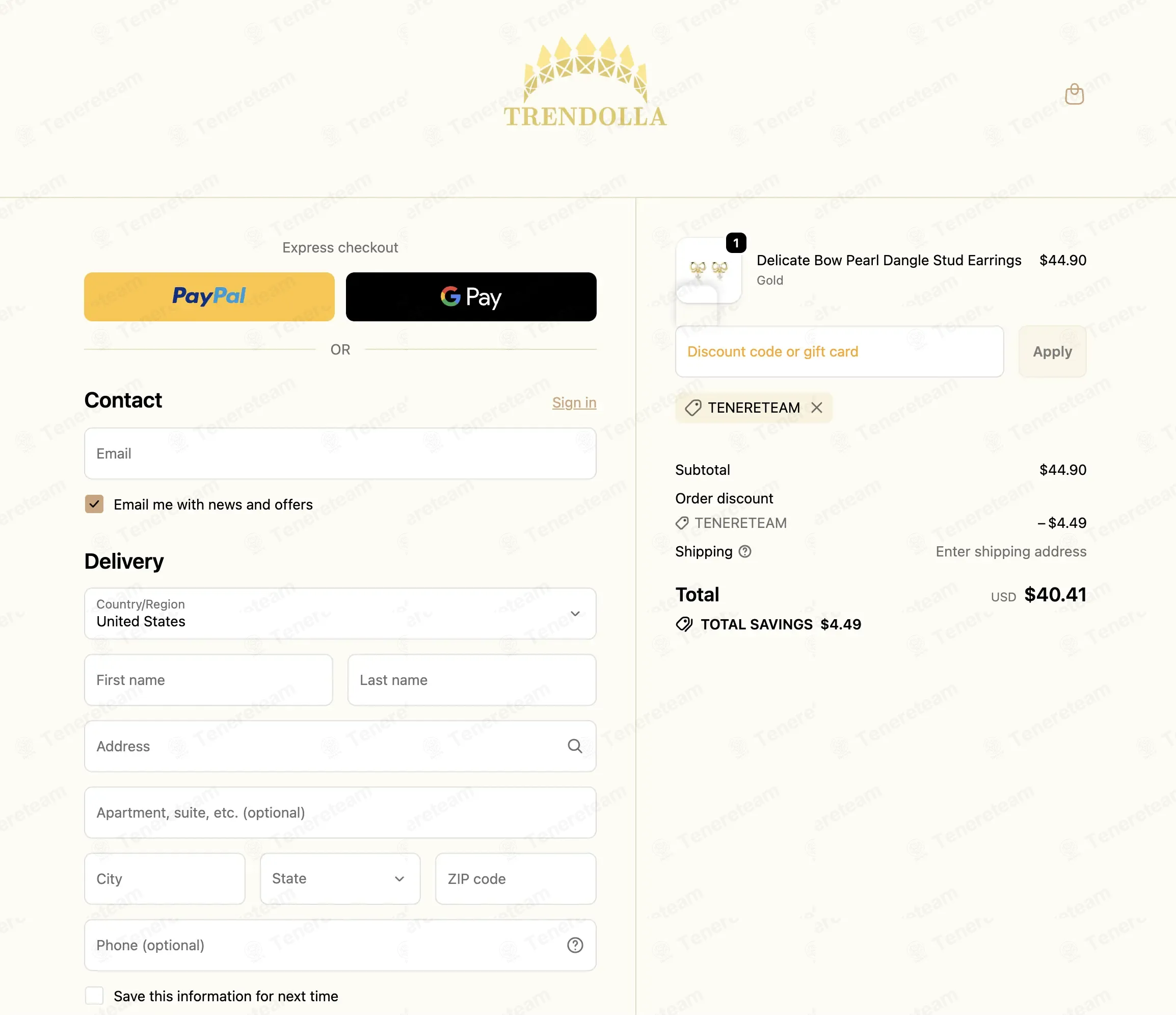 Trendolla Jewelry coupon code: 10% off with TENERETEAM. Tested and valid as 1 month ago.
