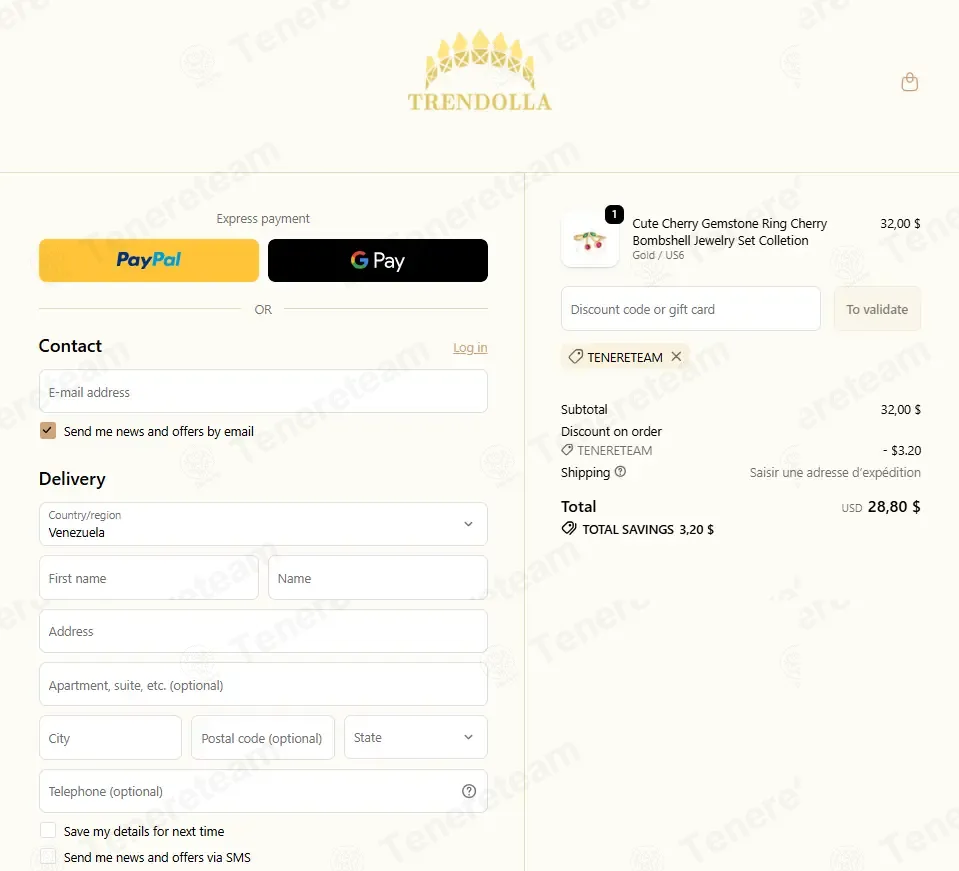 Trendolla Jewelry coupon code: 10% off with TENERETEAM. Tested and valid as 1 month ago.