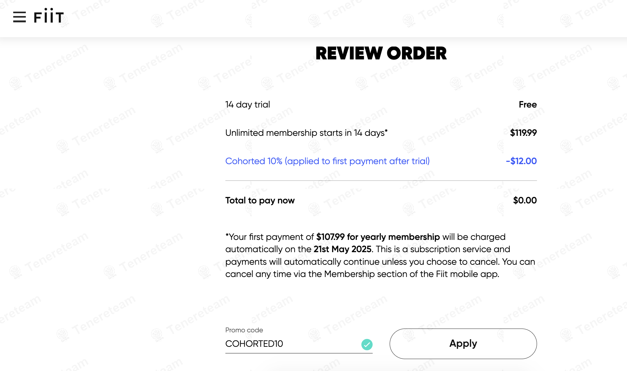 Fiit.tv coupon code: 10% off with COHORTED10. Tested and valid as 1 year ago.