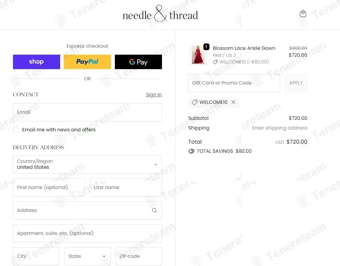 Needle & Thread coupon code: 10% off with WELCOMEBACK. Tested and valid as 3 months ago.