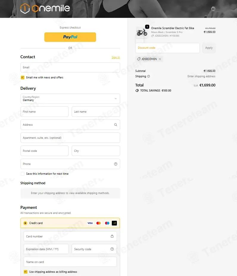 Onemilebike coupon code: €100 off with JOSECOHEN. Tested and valid as 3 weeks ago.