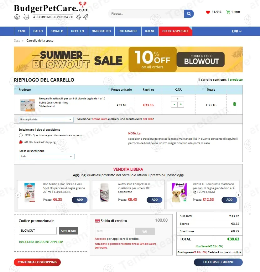 Budget Pet Care IT coupon code: 10% off with BLOWOUT. Tested and valid as 9 months ago.