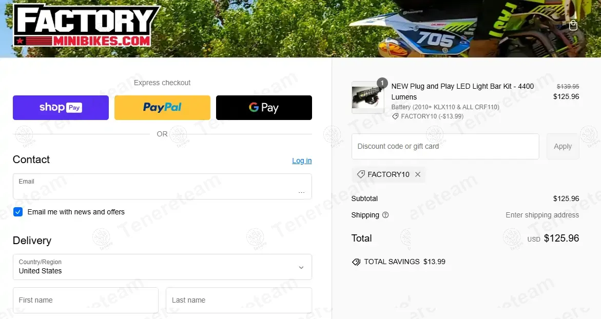 Factory Minibikes coupon code: 10% off with FACTORY1. Tested and valid as 10 months ago.