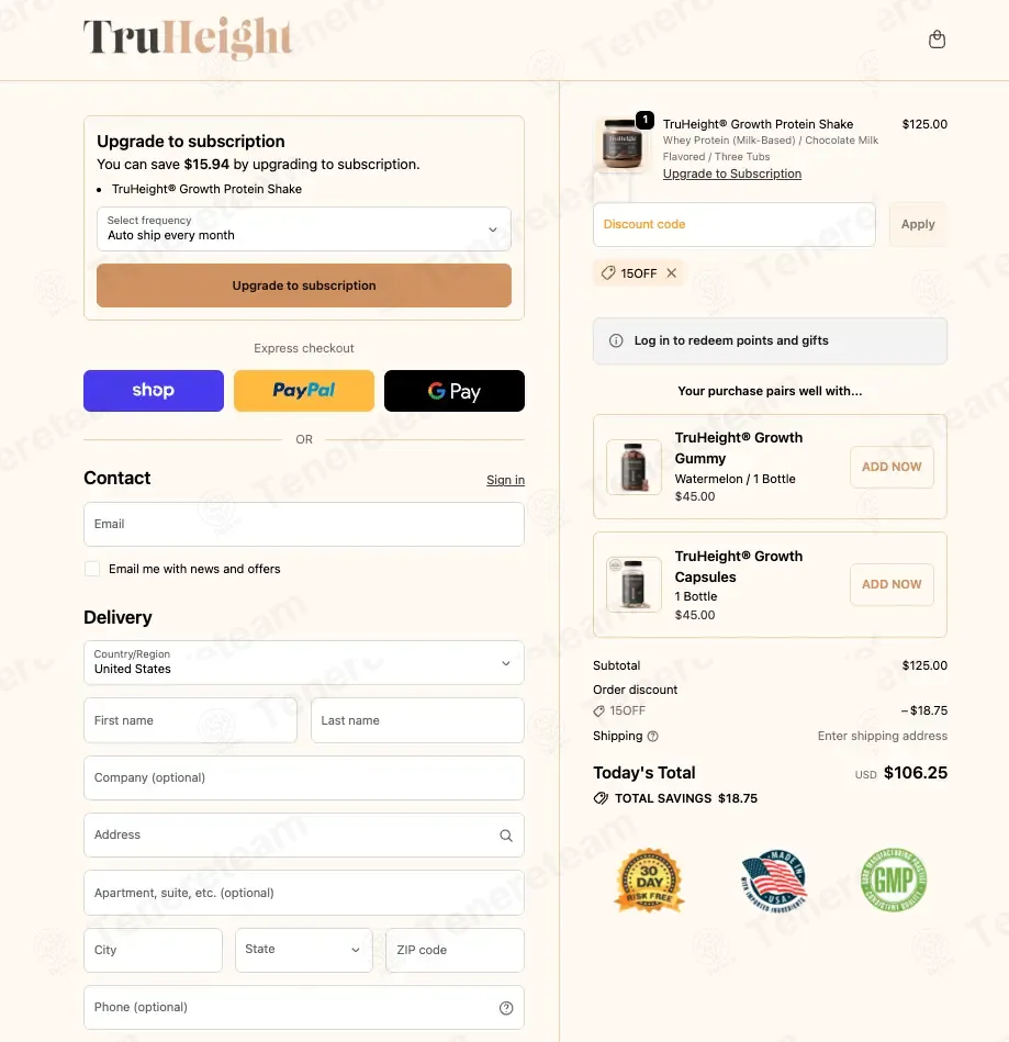 TruHeight Vitamins coupon code: 15% off with 15OFF. Tested and valid as 2 weeks ago.