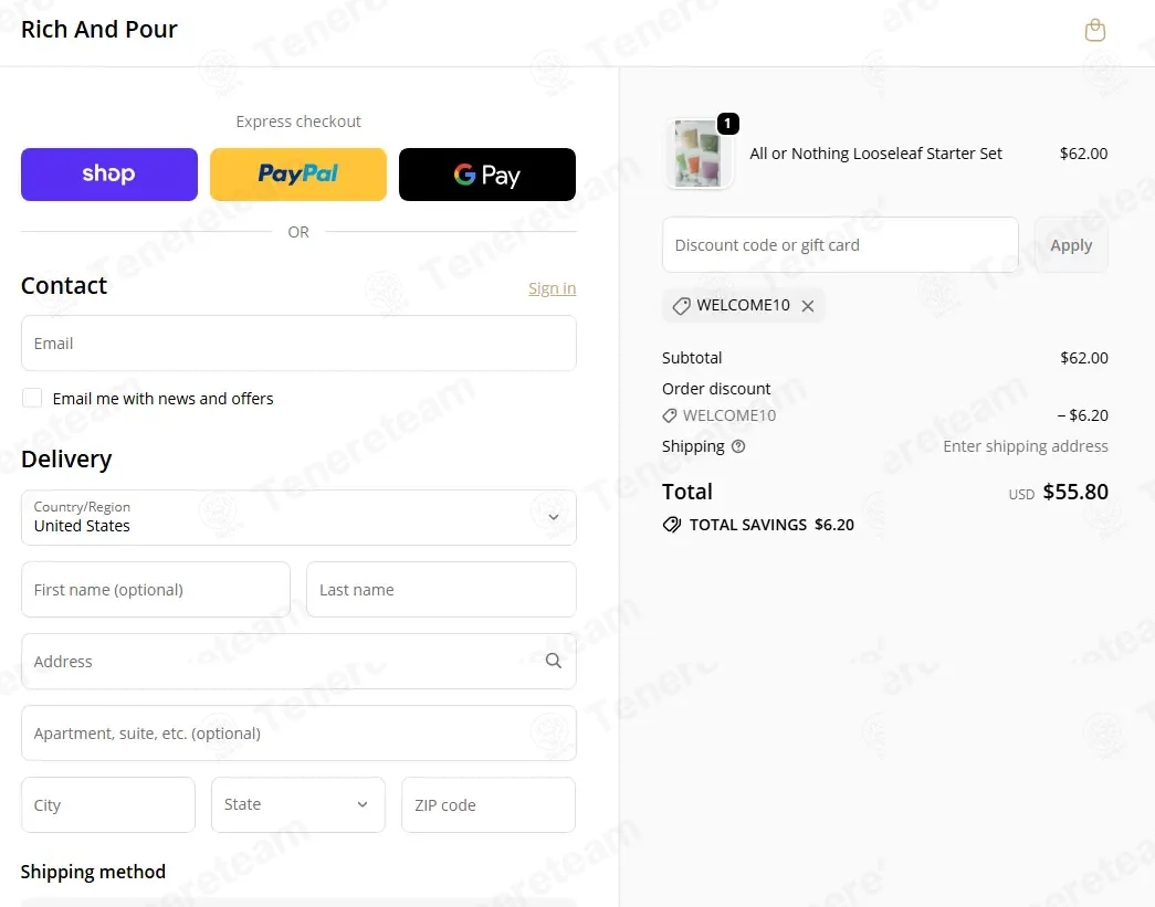 Rich and Pour coupon code: 10% off with WELCOME10. Tested and valid as 2 weeks ago.