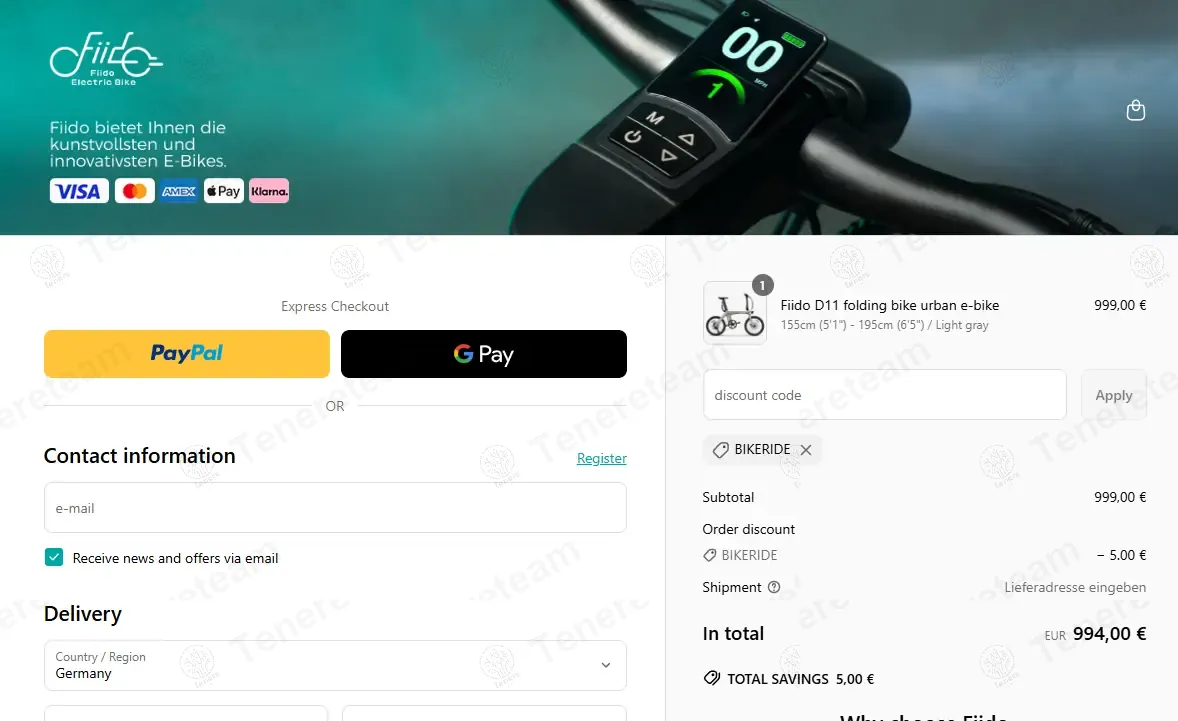 Fiido DE coupon code: €5 off with BIKERIDE. Tested and valid as 2 weeks ago.