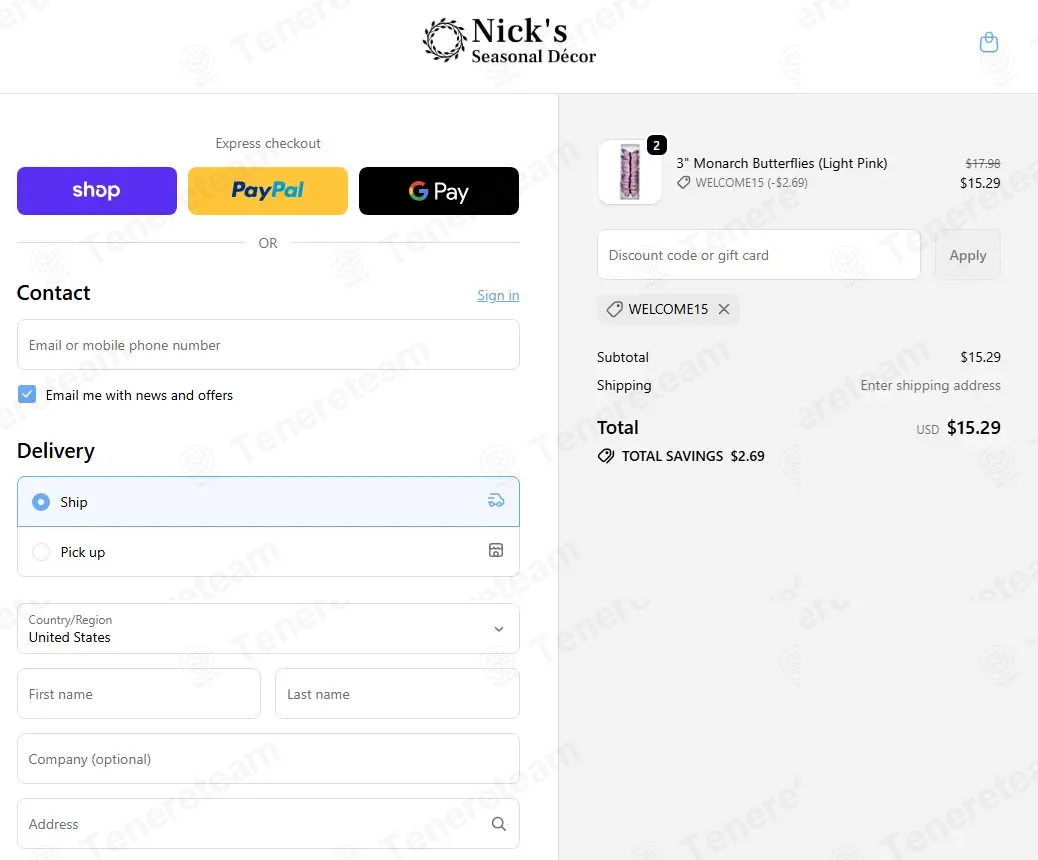 Nick's Seasonal Decor coupon code: 15% off with WELCOME15. Tested and valid as 3 weeks ago.