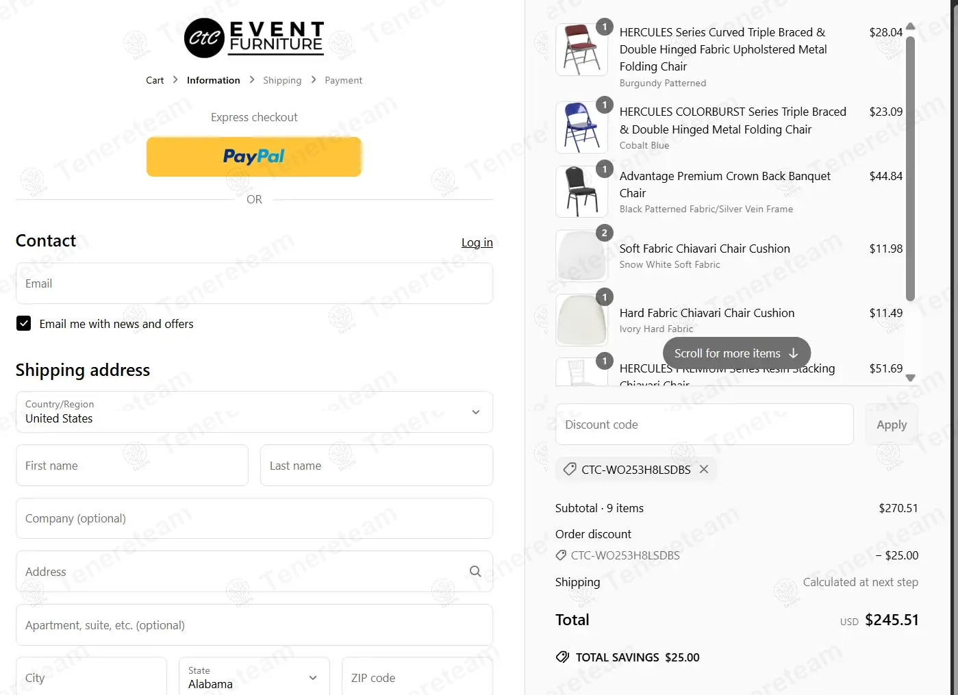 Ctc Event Furniture coupon code: $25 off with CTC-WO253H8LSDBS. Tested and valid as 1 year ago.