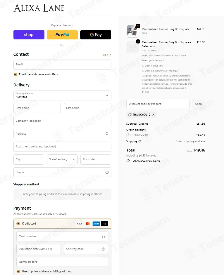 Alexa Lane coupon code: 10% off with THANKYOU10. Tested and valid as 6 months ago.