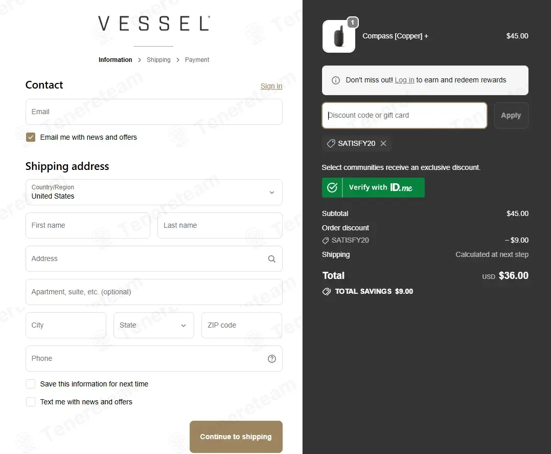 Vessel Brand coupon code: 20% off with SATISFY20. Tested and valid as 2 weeks ago.