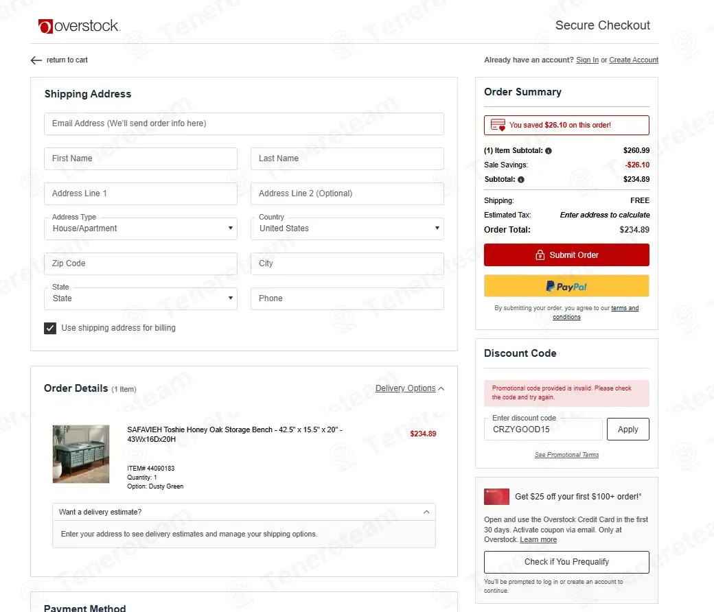 Overstock coupon code: 15% off with CRZYGOOD15. Tested and valid as 2 months ago.
