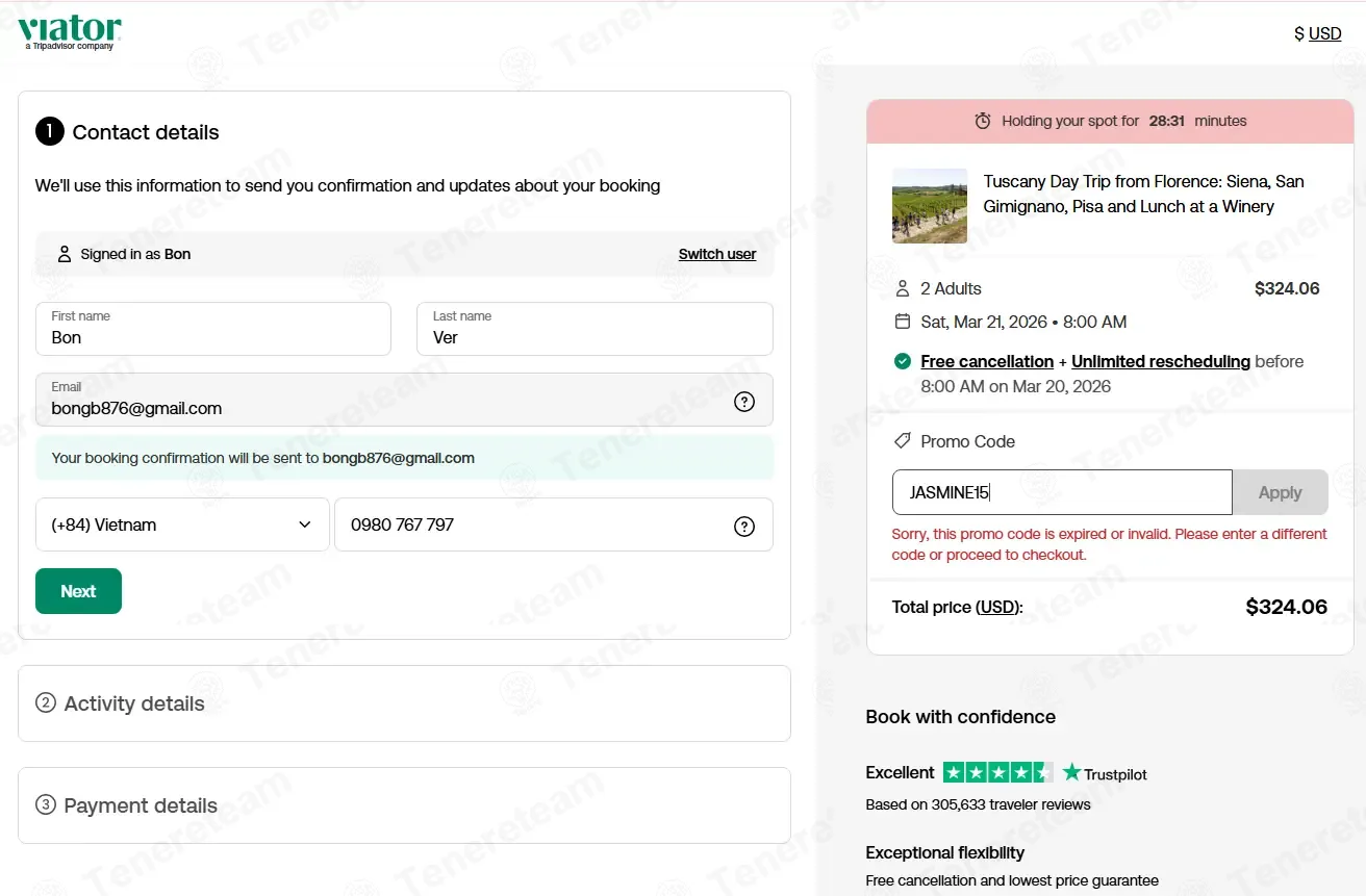 Viator coupon code: 15% off with JASMINE15. Tested and valid as 4 months ago.