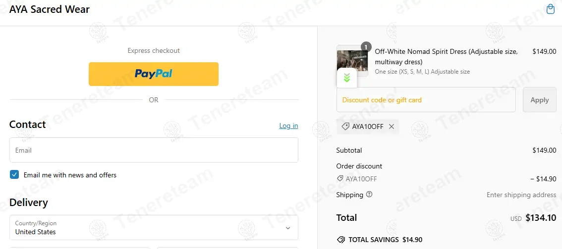 AYA Sacred Wear coupon code: 10% off with AYA10OFF. Tested and valid as 1 year ago.