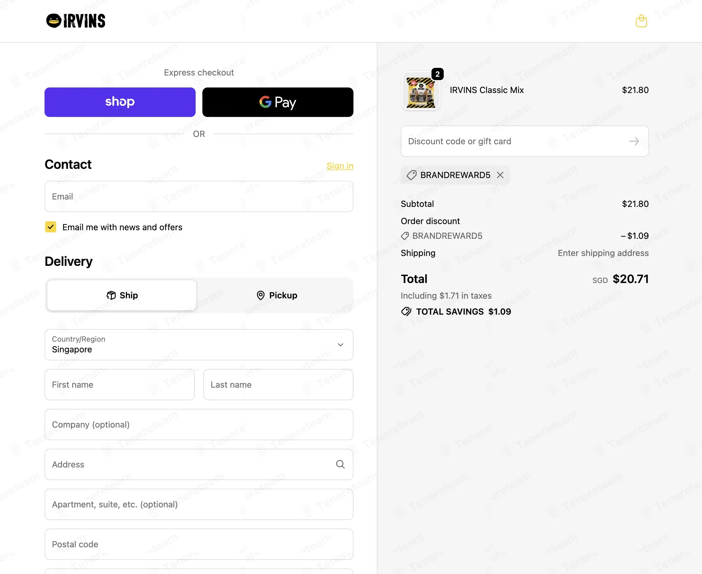 Irvins Singapore coupon code: 5% off with BRANDREWARD5. Tested and valid as 3 weeks ago.