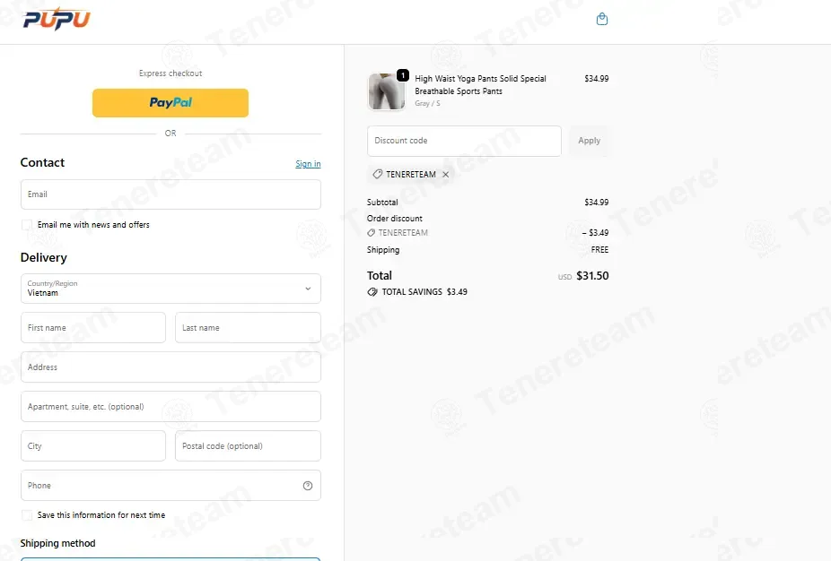 PUPU Sports coupon code: 10% off with TENERETEAM. Tested and valid as 3 weeks ago.