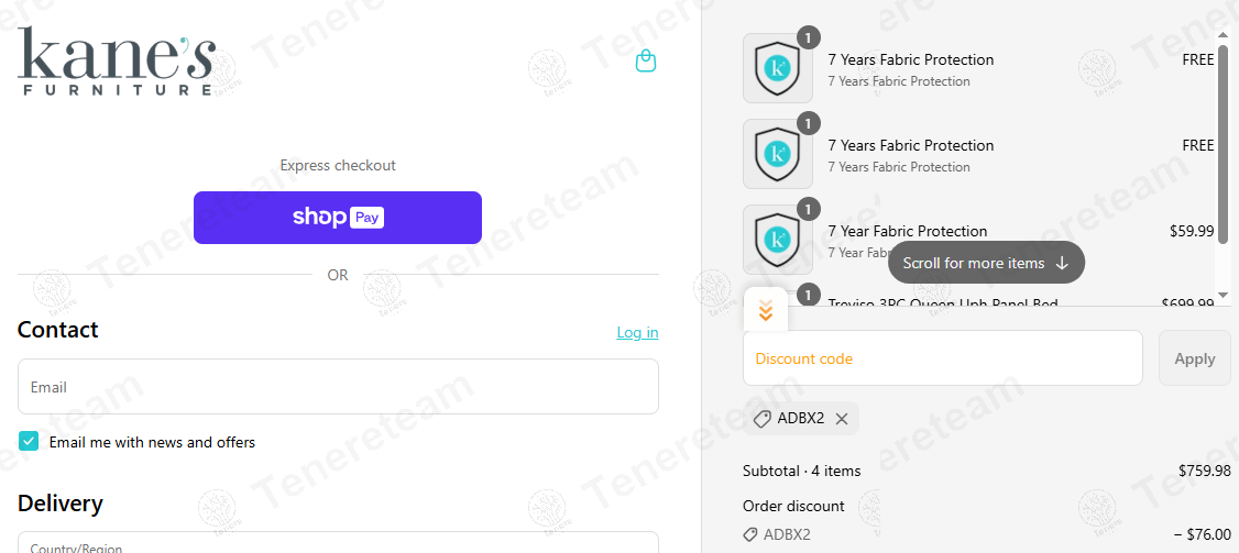 Kane's Furniture coupon code: 10% off with ADBX2. Tested and valid as 8 months ago.