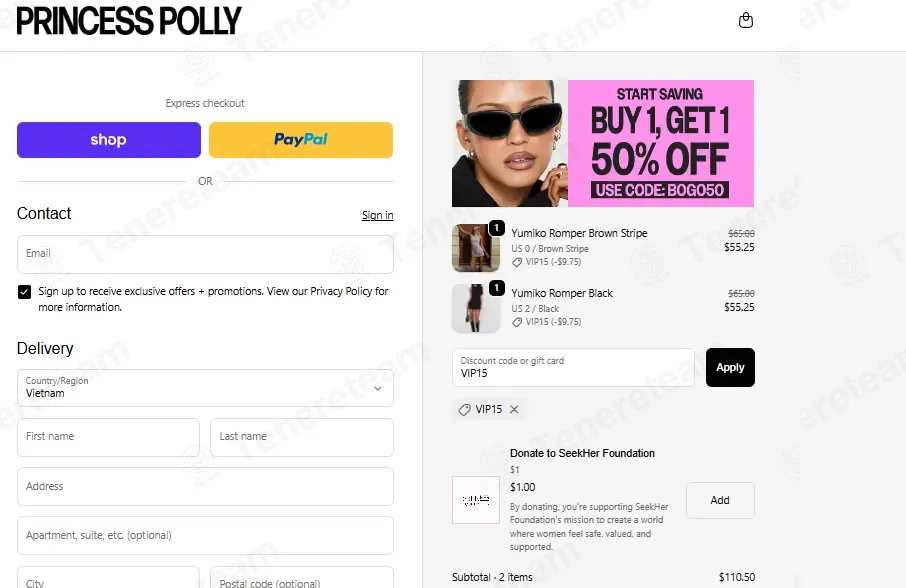 Princess Polly USA coupon code: 15% off with VIP15. Tested and valid as 3 weeks ago.
