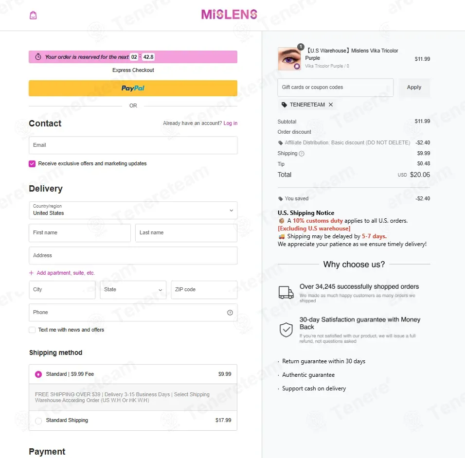 Mislens coupon code: 20% off with TENERETEAM. Tested and valid as 4 weeks ago.