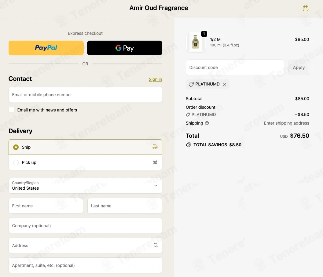 Amir Oud Fragrance coupon code: 10% off with PLATINUMD. Tested and valid as 1 month ago.