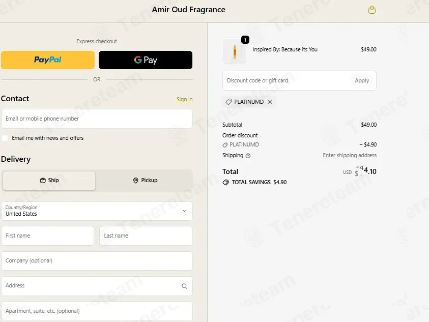 Amir Oud Fragrance coupon code: 10% off with PLATINUMD. Tested and valid as 1 month ago.