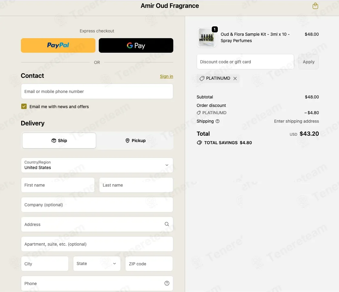 Amir Oud Fragrance coupon code: 10% off with PLATINUMD. Tested and valid as 1 month ago.