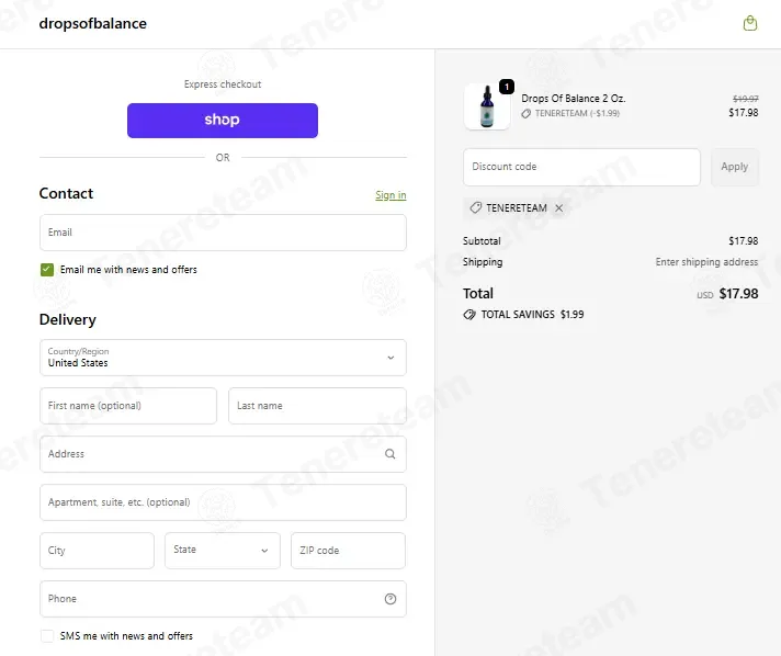 Drops Of Balance coupon code: 10% off with TENERETEAM. Tested and valid as 1 month ago.