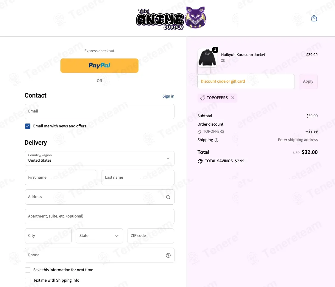 The Anime Supply coupon code: 20% off with TOPOFFERS. Tested and valid as 1 week ago.