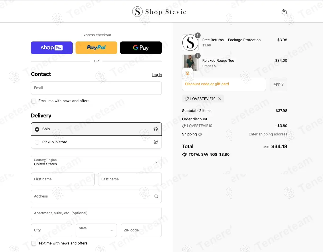 Shop Stevie apply coupon code