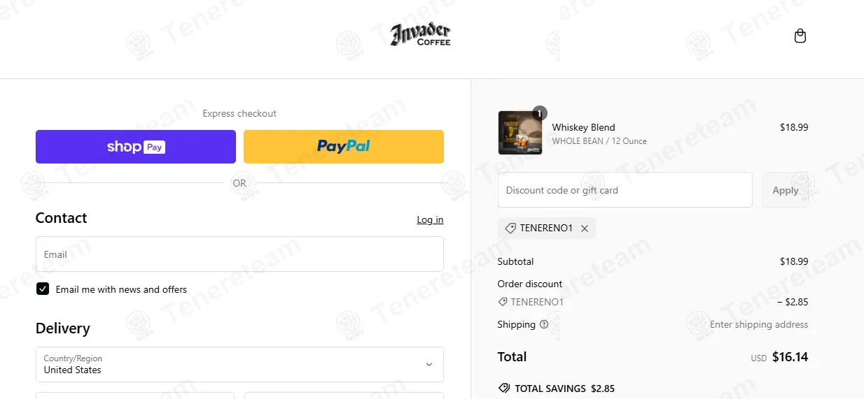 Invader Coffee coupon code: 15% off with TENERENO1. Tested and valid as 11 months ago.