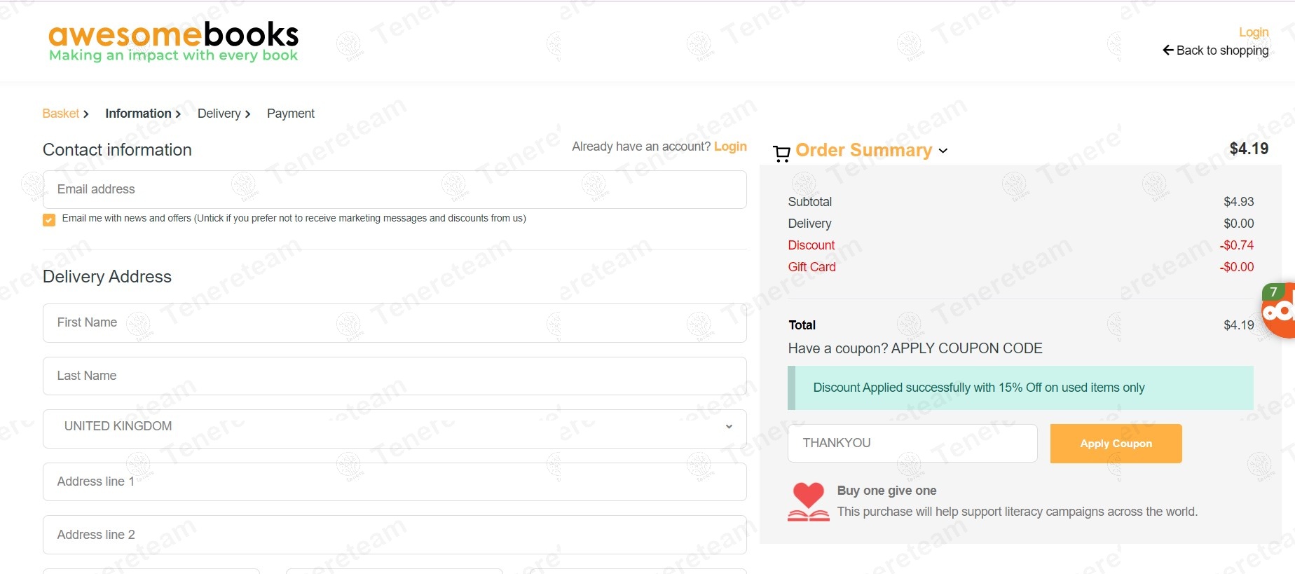 AwesomeBooks coupon code: 15% off with THANKYOU. Tested and valid as 1 year ago.