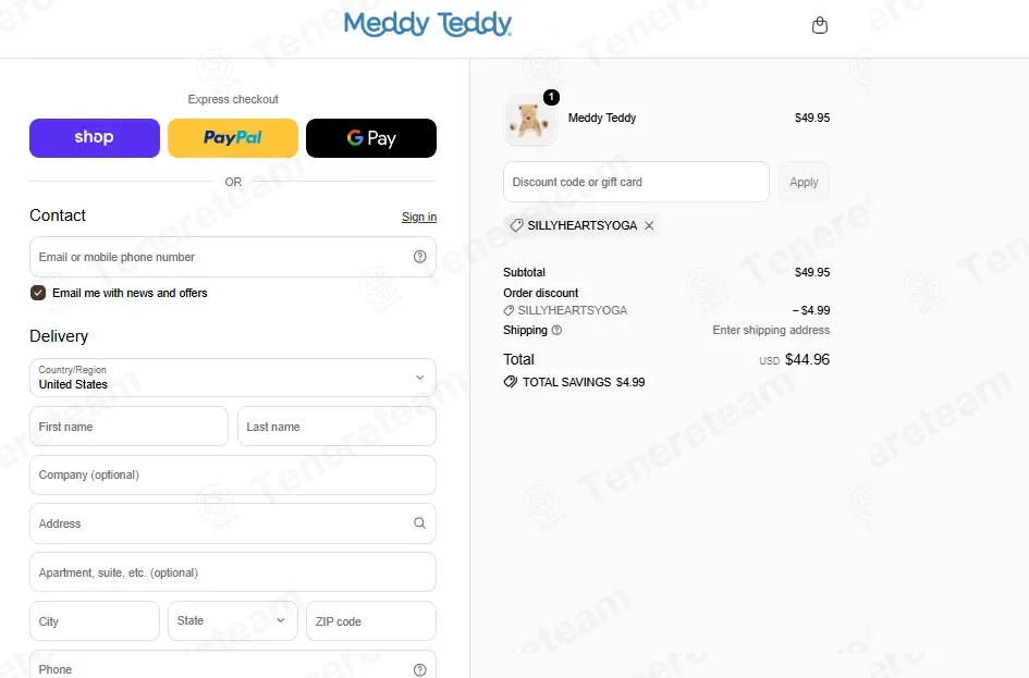Meddy Teddy coupon code: 10% off with SILLYHEARTSYOGA. Tested and valid as 3 weeks ago.