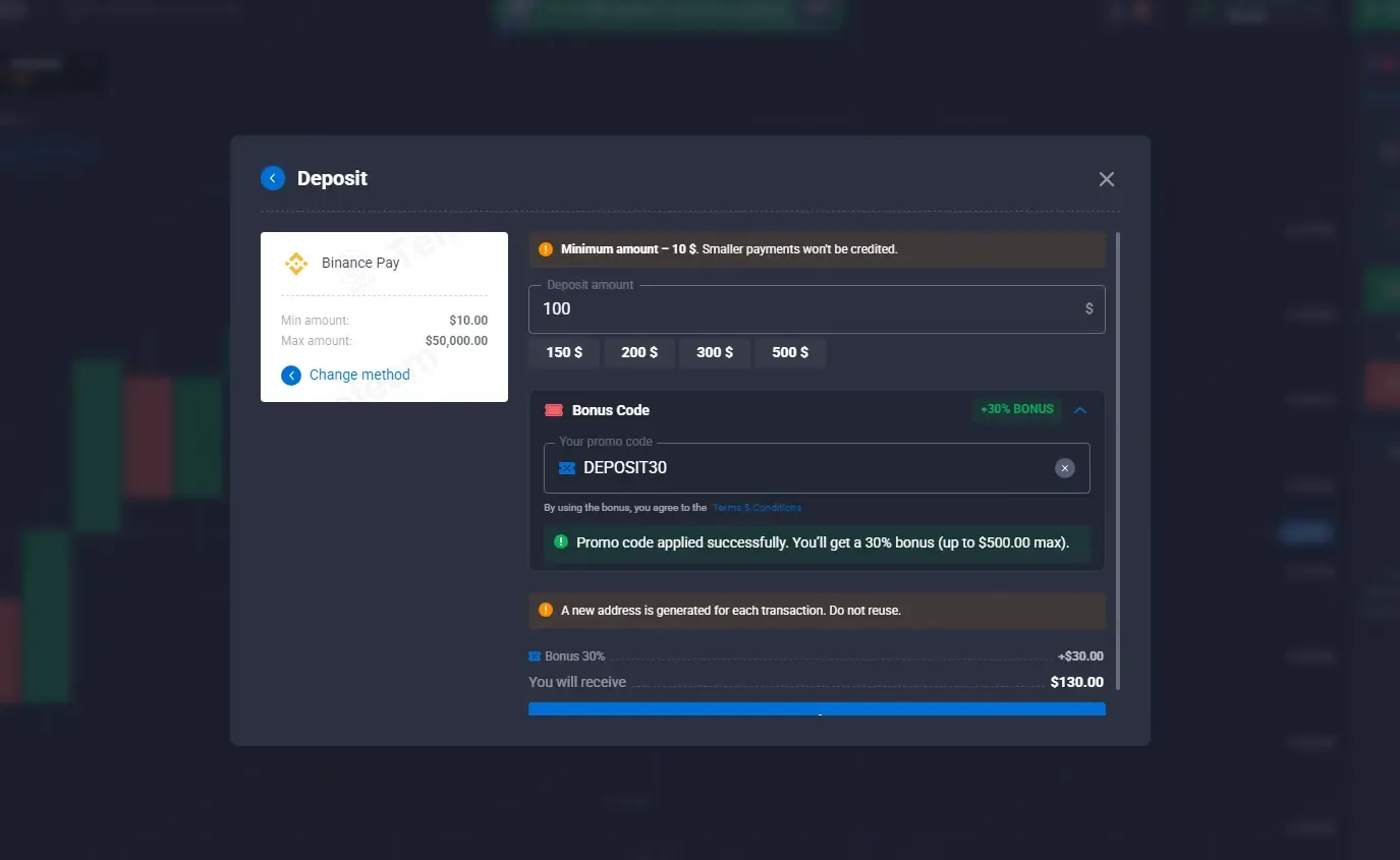 Quotex coupon code: 30% off with DEPOSIT30. Tested and valid as 2 months ago.