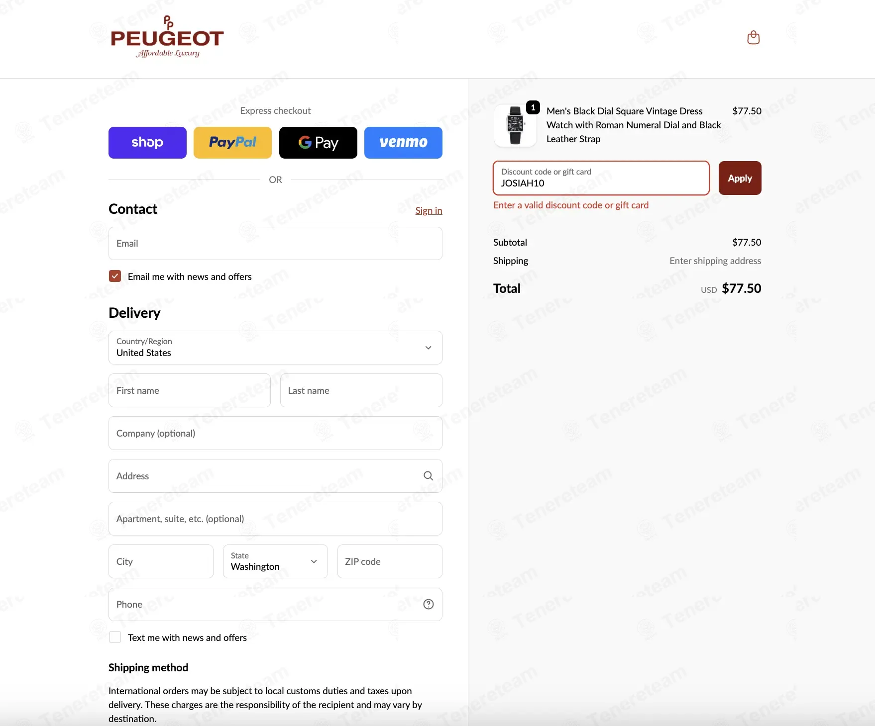 Peugeot Watches coupon code: 10% off with JOSIAH10. Tested and valid as 3 weeks ago.